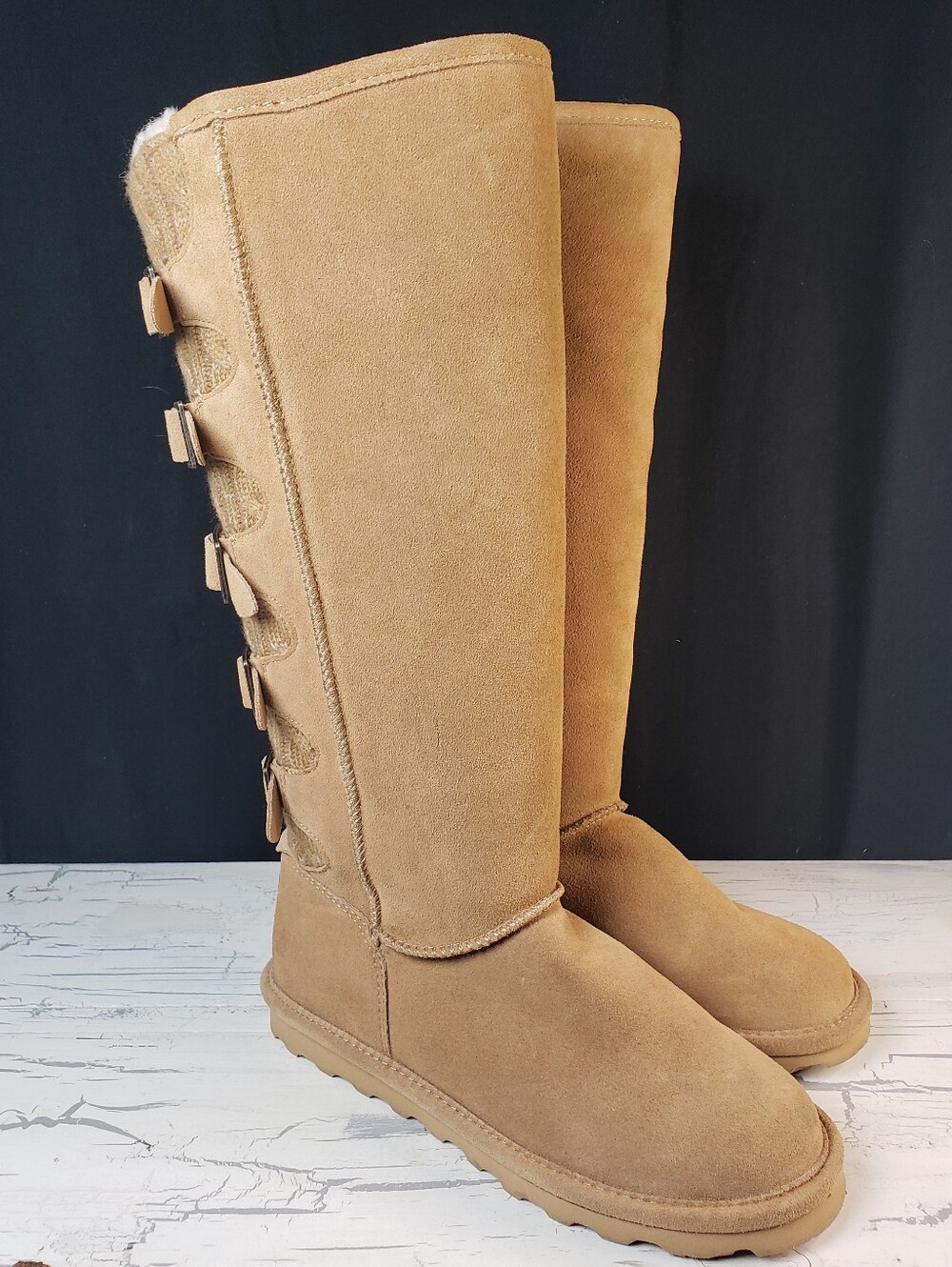 BearPaw 'Boshie' Tall Cow Suede & Knit Boots style 3017W in Tan - Women's size 9